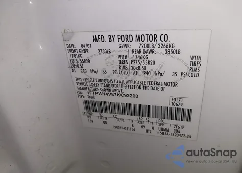 2007 Ford F-150 Fx4/Lariat/Xlt z USA, uszkodzony, nr VIN 1FTPW14V87KC92200